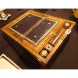 Antique late 19thC writing box with fitted interior and pair of matching inkwells