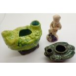 Early Chinese cricket green glazed pottery water dropper W: 5 cm a further water dropper and a Tang