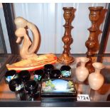 Mixed treen items including candlesticks