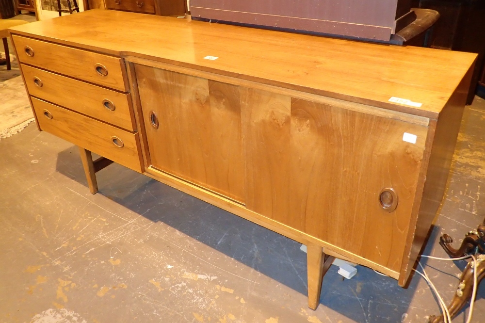 1970s vintage Danish style sideboard with three drawers and cupboard with sliding doors