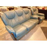 Green leather three seater settee and chair