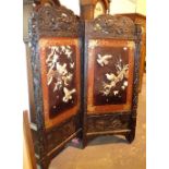 Large folding heavily carved Oriental screen with mother of pearl bird decoration 179 x 79 x 2 cm