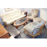Ercol light wood three piece suite and stool