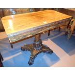 Good rosewood foldover card table on heavily carved pedestal supports