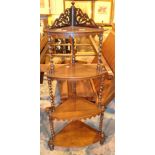 Mahogany corner whatnot with four tiers barleytwist supports and turned finials CONDITION