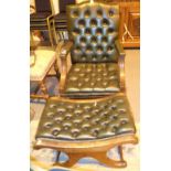 Leather button back Chesterfield armchair and curved stool