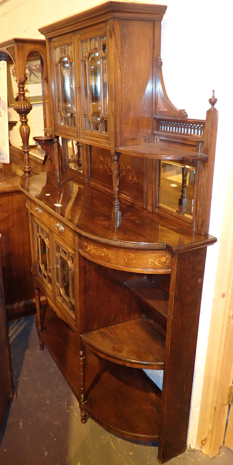 Edwardian inlaid display stand with mirror back two sets of glazed door cupboards