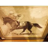 Framed and glazed pencil drawing of a racehorse and jockey signed A Williams 50 x 37 cm