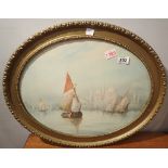 Oval gilt framed watercolour of Venice signed H Salari 52 x 40 cm