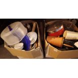 Two large boxes of household cooking equipment earthenware to include a Kenwood gourmet