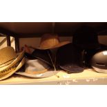 Collection of hats horse riding / bicycle helmet Australian trilby and straw hats etc