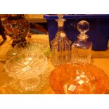 Collection of glassware to include carnival and uranium glass and decanters