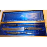 Boxed Frank Mills antler handled carving set with silver collars