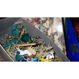 Box of mixed games and toys including unnamed molded plastic soldiers
