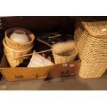 Collection of mixed items including wicker basket walking sticks etc