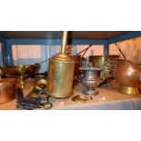 Shelf of antique brass and copper to include clockwork roasting spit