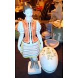 Two piecies Hungarian Hollohaza ceramic female figurine in dress and an egg shaped container