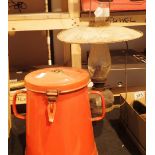 Antique hanging metal and glass oil lantern and an enamelled pot