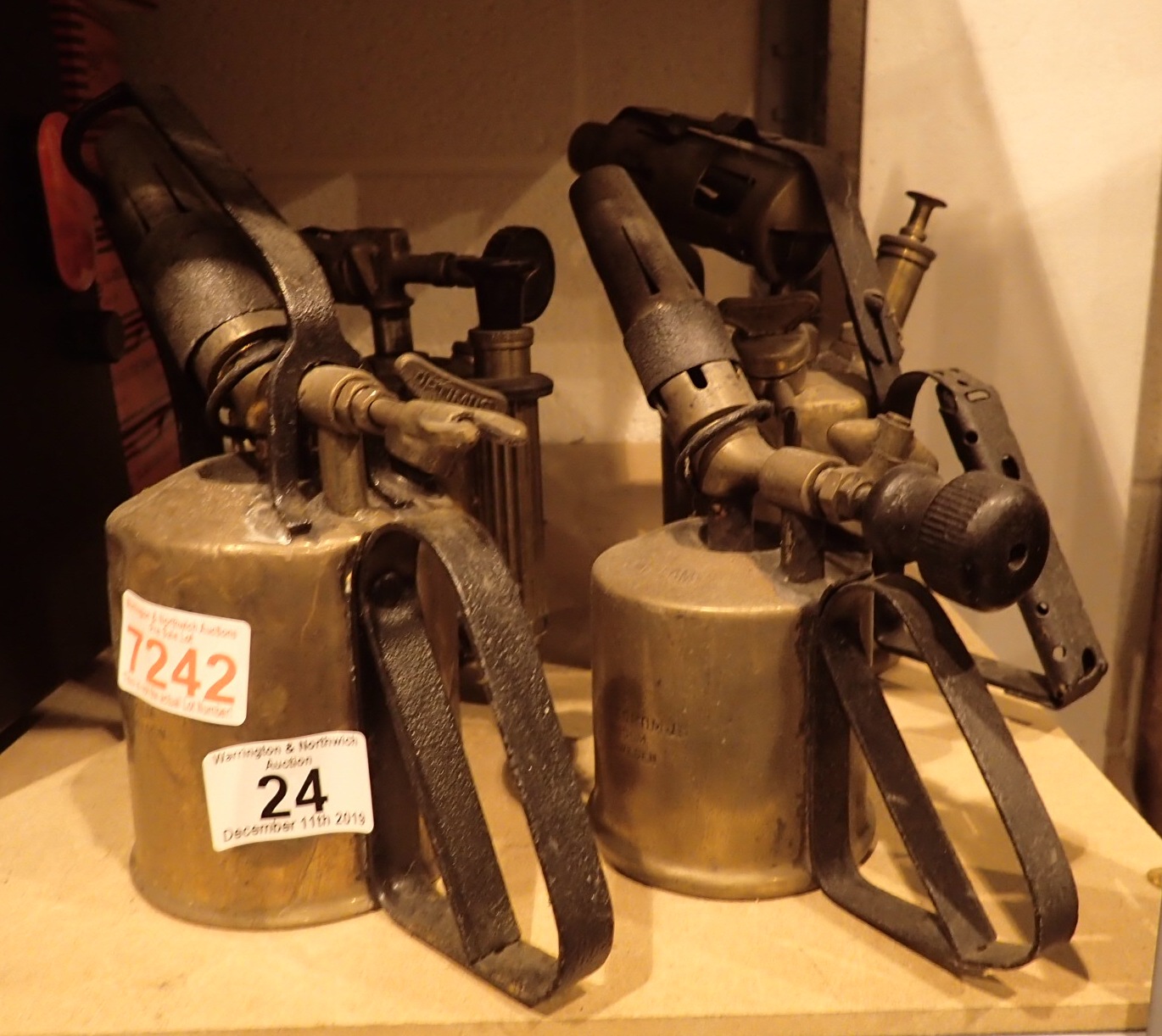 Group of four brass spirit blow torches including Optimus