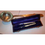 Elkington silver plated ladle and cased ivory handled drawing instruments