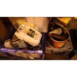Three boxes of mixed garage equipment paints etc