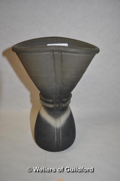 John Leach waisted vase, raku fired with flaring oval rim, impressed JL, Mulcheny and 1991 seals,