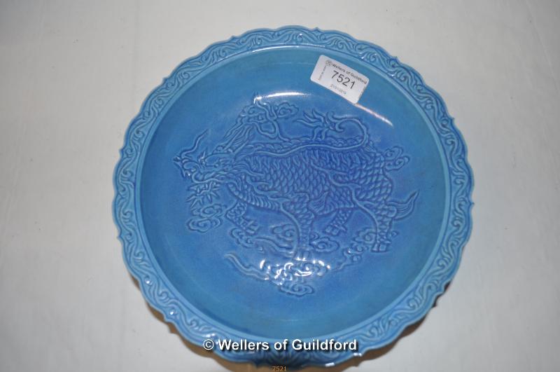 A Chinese porcelain turquoise ground plate with dragon decoration, 22cm diameter.