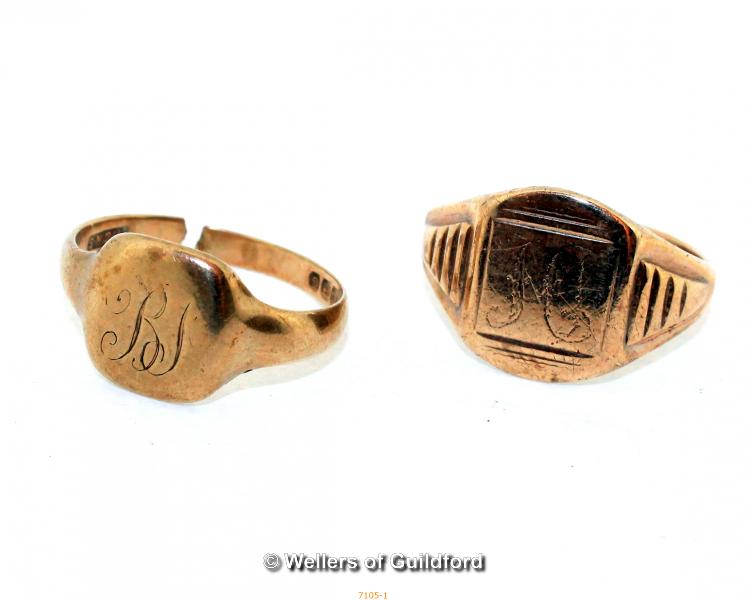 Two 9ct Victorian Signet Rings, One ring has a split shank. Ring size -Q -N,Full Hallmark 8.3g