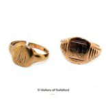 Two 9ct Victorian Signet Rings, One ring has a split shank. Ring size -Q -N,Full Hallmark 8.3g