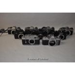 Nine camera bodies, to include: Olympus OM10 (x4); Olympus OM-4; NikonEM; Nikon F3; Canon AV-1;