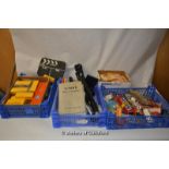 Quantity of camera accessories including bulbs, flip flashes, tripod, film, Ilford Manual of