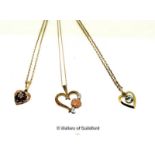 Three 9ct Yellow Gold Necklaces with Heart Pendants, length of necklaces measure,16,17 and 18 inches