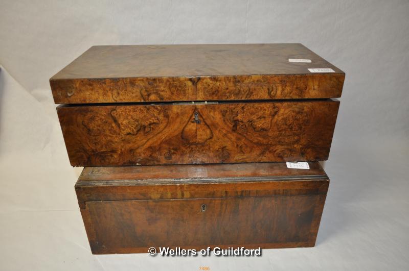 A Victorian walnut writing slope, 45.5cm wide; A Victorian crossbanded walnut box with fitted