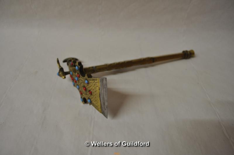 *Decorative miniature brass axe/hatchet, adorned with animals and red turquoise beads (Lot subject