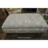 Laura Ashley turquoise upholstered storage footstool on turned legs, 35 x 92 x 57cm.