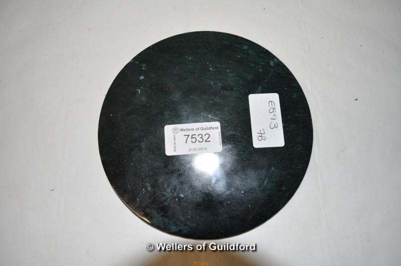 A Chinese dark green jade circular disc, carved decoration on one side, 15cm diameter. - Image 2 of 2