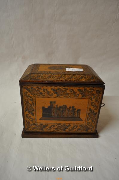 *Victorian rosewwod Tunbridgeware jewel casket with hinged door depicting castle, enclosing four