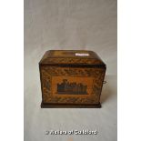 *Victorian rosewwod Tunbridgeware jewel casket with hinged door depicting castle, enclosing four