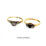 Two 18ct Yellow Gold Rings, Old Cut Diamond Solitaire Ring (ring size -N) and a Three stone Sapphire