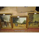 Impressionist school, three modern acrylics on board depicting street scenes, each 24 x 29cm.