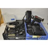 Collection of assorted cameras, binoculars, walkie talkie, Leitz Microsix, Eumigette 2