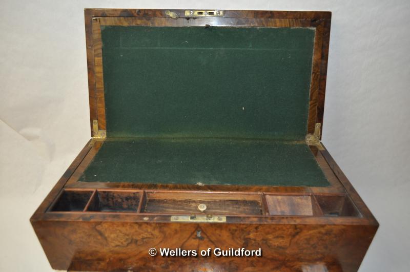 A Victorian walnut writing slope, 45.5cm wide; A Victorian crossbanded walnut box with fitted - Image 3 of 5