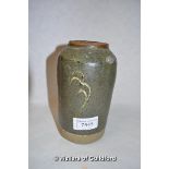 Pontfadog Pottery cylindrical vase in dark green glaze with cream highlights, impressed marks,