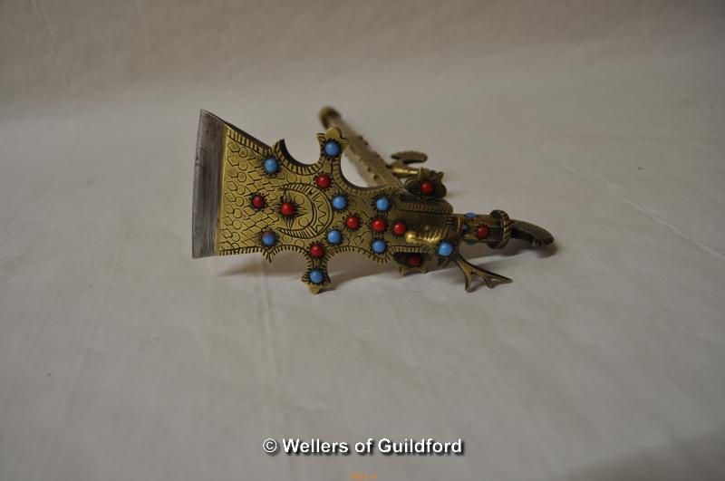 *Decorative miniature brass axe/hatchet, adorned with animals and red turquoise beads (Lot subject - Image 5 of 5