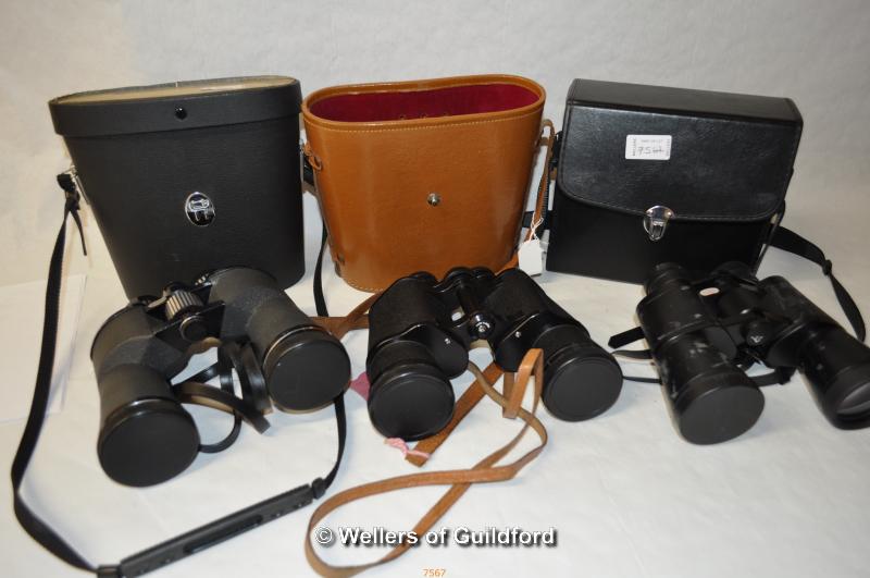 Binoculars: Consul 7 x 50 in leather case, Chinon 10 x 50, cased, Miranda Elite 10 x 50, cased.