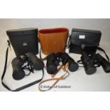 Binoculars: Consul 7 x 50 in leather case, Chinon 10 x 50, cased, Miranda Elite 10 x 50, cased.