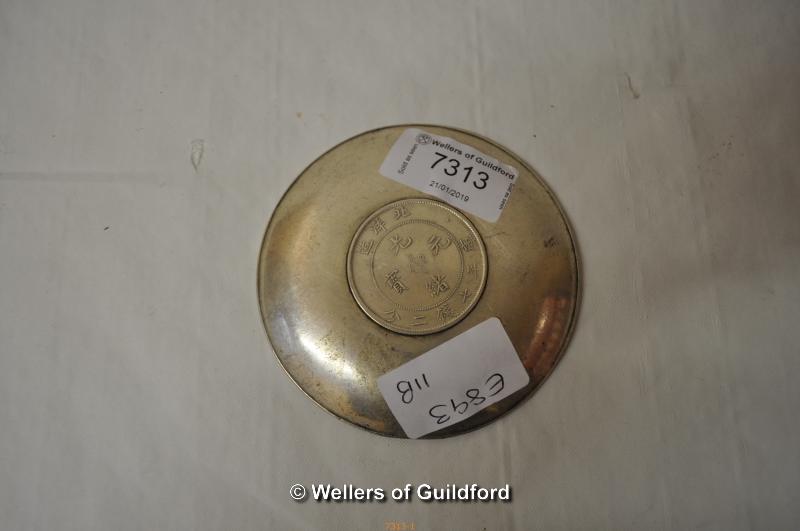 A Chinese white metal dish with coin inset to centre, 9.75cm. - Image 2 of 2