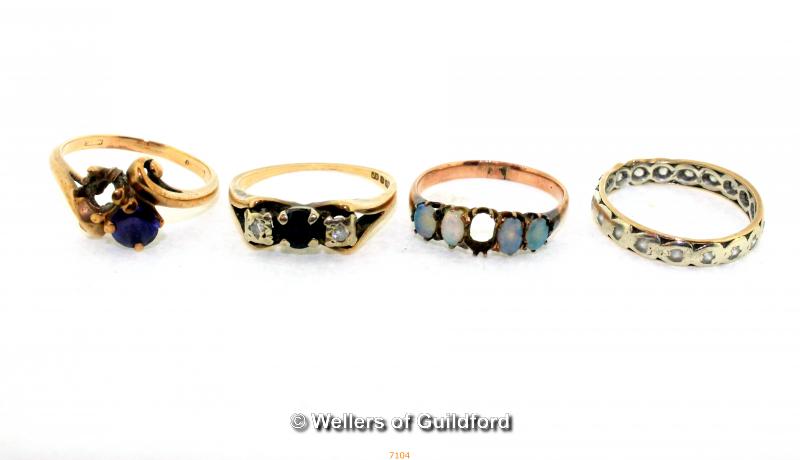 Four 9ct Rings including, Five Stone Opal Ring, Diamond and Sapphire Three Stone Ring,Amethyst Ring,