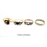 Four 9ct Rings including, Five Stone Opal Ring, Diamond and Sapphire Three Stone Ring,Amethyst Ring,