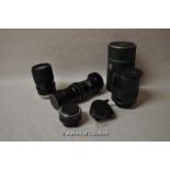 Four lenses, to include: Miranda MC Macro 35-135mm 1:3.5-4.5 (FD92804895); Makinon Reflex MC 1:8 f=